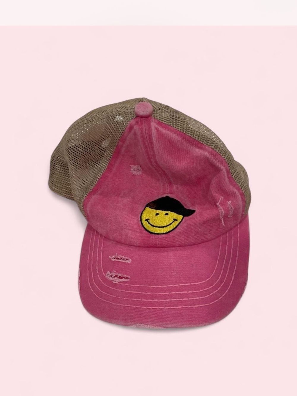 Pink Distressed Smiley Patch Trucker Hat
